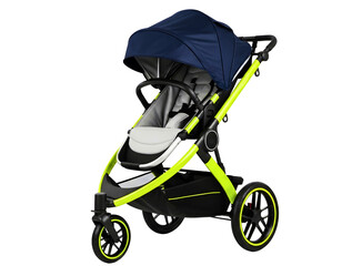 Stroller with navy blue canopy and neon green frame isolated on transparent background