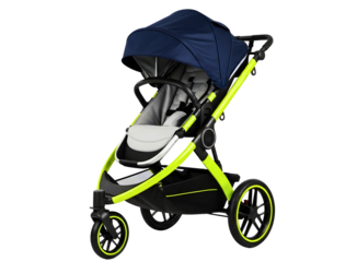 Stroller with navy blue canopy and neon green frame isolated on transparent background