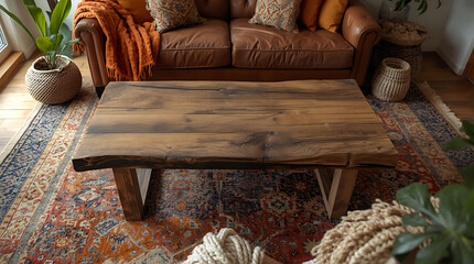 Rustic Wooden Coffee Table Close Up in Modern Living Room Interior