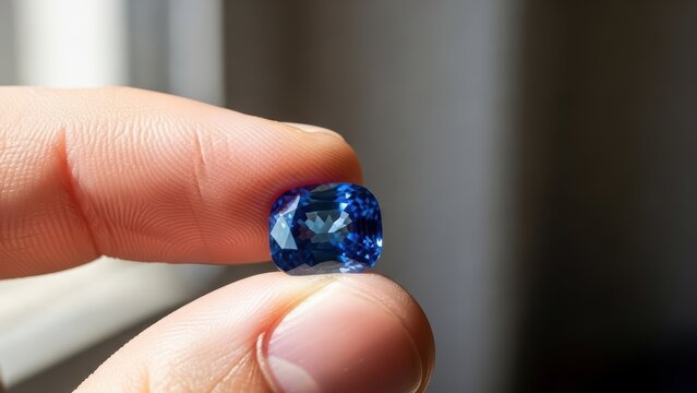 Close-up of hand holding a blue sapphire gemstone in natural light