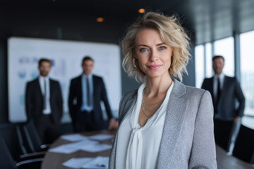 Portrait of female executive standing near conference table at boardroom with her leadership team and explaining financial report
