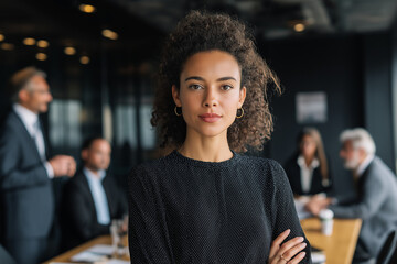 Portrait of black female executive standing near conference table at boardroom with her leadership team and explaining financial report