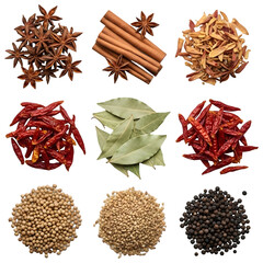 Variety of Assorted Dry Spices and Herbs Arranged in Square Grid
