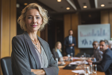 Portrait of female executive standing near conference table at boardroom with her leadership team and explaining financial report