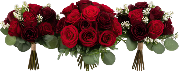 Three elegant floral arrangements featuring roses and baby's breath displayed against a white background from a front viewpoint