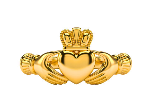 Golden claddagh ring with heart and crown isolated on transparent background