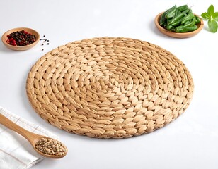 Overhead shot of a woven circular place mat, plus fresh herbs and spices