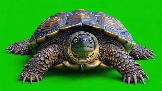 Majestic turtle with vibrant shell and sharp claws on green background