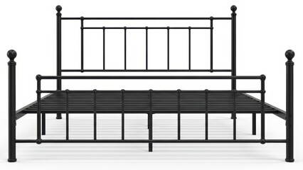 Black metal bed frame with vertical slats and sturdy design on white background