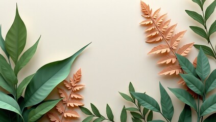 Green and copper leaves frame a light beige background creating a natural minimalist design