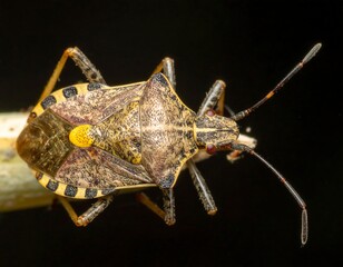 Overhead shot of an insect with spiky back on a green twig