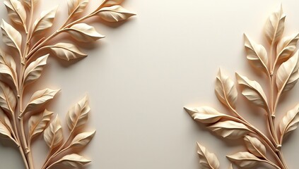 Light beige sculpted leaves on branches frame a blank beige background creating a minimalist elegant design