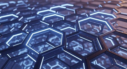 Abstract futuristic hexagonal pattern with glowing blue lines and depth effect