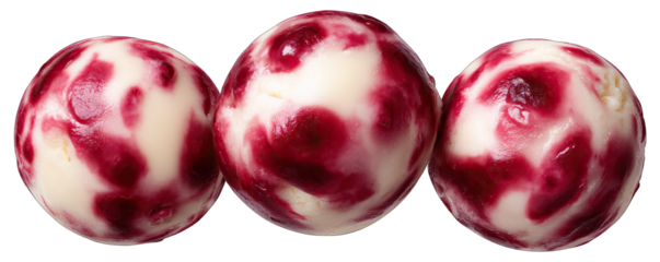 Three ice cream balls with red and white swirls on a plain white background