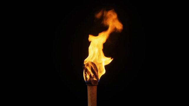 Single Torch Fire Flickering Wind Blowing Realistic Isolated on Black