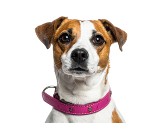 Close-up portrait of a Jack Russell Terrier dog wearing a pink collar.