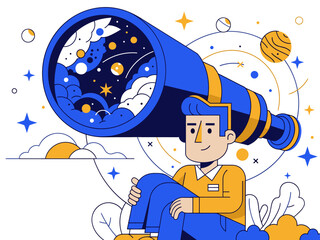 A young man uses a telescope to explore the cosmos. Vibrant colors and a modern illustration style create a hopeful, expansive feel. Reach for more! © Vector Holiday