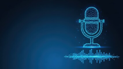A digital audio wave graphic emanating from a stylized glowing microphone on a dark blue background