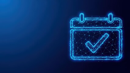 A digital calendar icon with a checkmark indicating a completed task or scheduled event set against a dark blue abstract background
