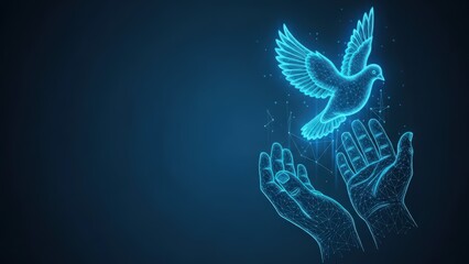 A digital illustration of a glowing blue neon wireframe dove taking flight from open hands symbolizing peace and freedom