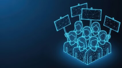 A digital illustration depicts a glowing blue wireframe crowd holding protest signs aloft against a dark background symbolizing collective action and social movements