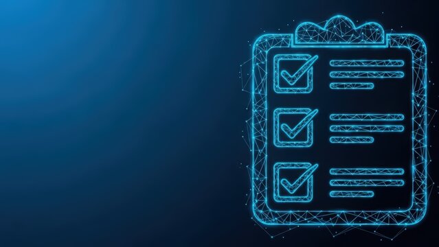 A digital blue wireframe icon of a clipboard with three completed checklist items against a dark blue abstract background