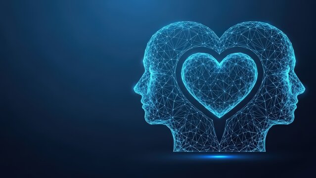 A digital wireframe head with a glowing heart inside representing mental and emotional health concepts - Powered by Adobe
