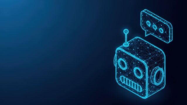 A digital wireframe robot head rendered with glowing blue lines against a dark background representing technology and artificial intelligence - Powered by Adobe