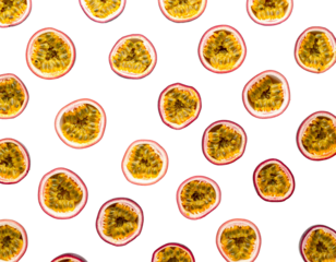 Fresh Passion Fruit Halves Patterned on a White Background.