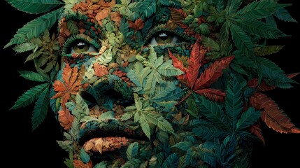Close-up of a human face, seamlessly integrated with an array of colorful leaves, set against a dark background