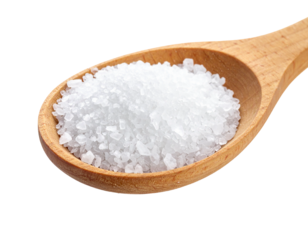 Close-up of coarse sea salt crystals on a wooden spoon.