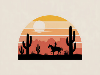 Cowboy Silhouette on Horseback at Sunset in Cactus-Studded Desert Landscape - Vintage Adventure Art of the American Southwest