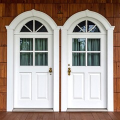 Pair of arched white doors with glass panes and gold hardware