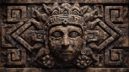 Close-up view of an ancient stone carving depicting a serene human face surrounded by intricate geometric designs