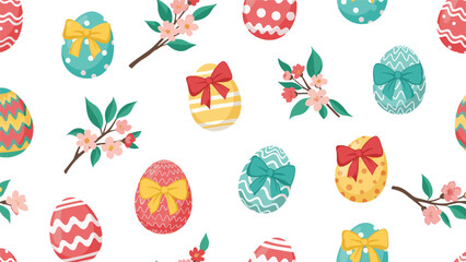 A bright and cheerful seamless Easter pattern featuring colorfully decorated eggs with bows and delicate pink cherry blossom branches on a white background.