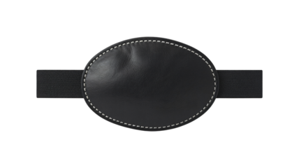 Black leather eye mask with stitched edges on black strap in minimalist style with soft lighting for fashion accessory