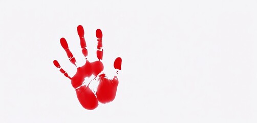 Close-up of a single red handprint on a white background, texture, red hand