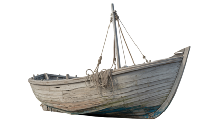 Old wooden boat in vintage style with weathered texture and ropes in soft natural lighting for maritime decor