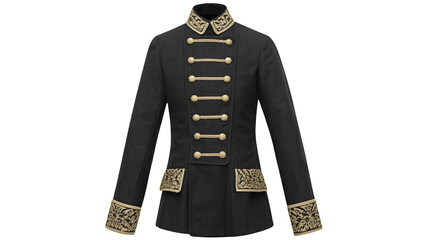 Military Style Jacket with Gold Buttons and Embroidered Details in Formal Dark Color on White Background for Fashion Catalog
