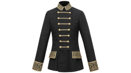 Military Style Jacket with Gold Buttons and Embroidered Details in Formal Dark Color on White Background for Fashion Catalog