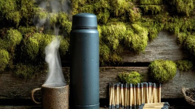A serene and inviting close-up showcases a collection of items designed for outdoor comfort and warmth. A sleek, dark grey thermos bottle, adorned with subtle water droplets, stands tall beside a rust