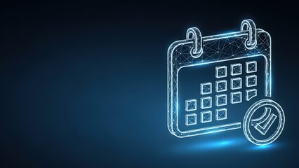 Digital calendar icon with a wireframe mesh design on a dark blue background