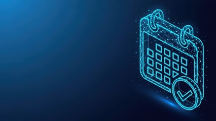 Digital calendar illustration displaying days for scheduling and planning events with a futuristic neon wireframe design against a dark blue background