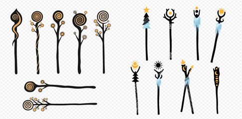 Set of fantasy magic staffs, wizard wands, and sorcerer scepters for game design or fairy tale illustrations. © ArtLuna Studio