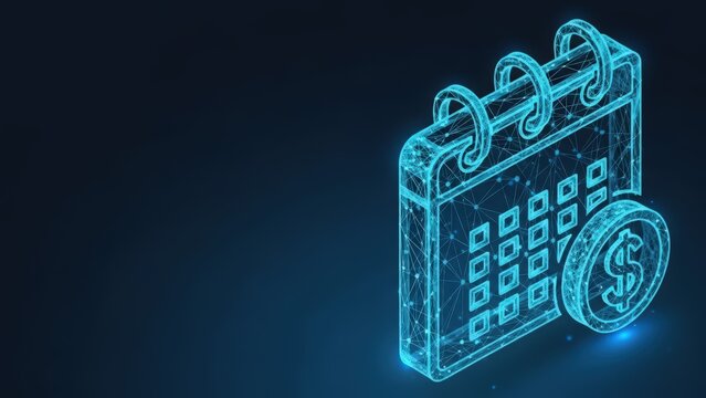 Digital calendar icon with glowing blue wireframe design displaying a grid of dates for planning and scheduling events on a dark background - Powered by Adobe