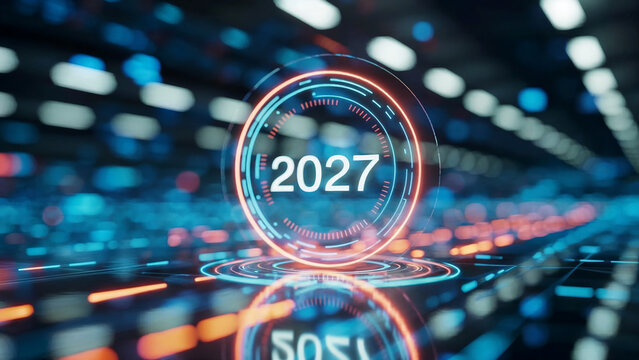 Futuristic 2027 digital interface with glowing holographic HUD circle, advanced technology background, artificial intelligence concept, innovation timeline, cyber tech visualization, modern data netwo - Powered by Adobe