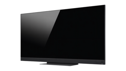 Modern Flat Screen Television in Sleek Design with Dark Screen and Minimalistic Stand in Studio Lighting for Electronics Advertising