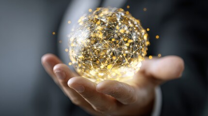 Businessman holding a glowing digital networking globe of light representing global connectivity and innovation