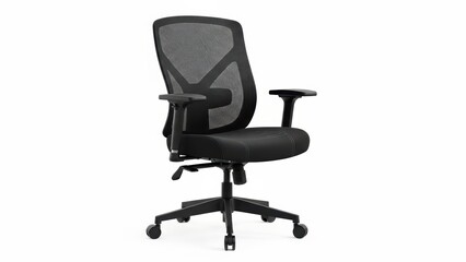 Black ergonomic office chair with mesh back and adjustable armrests on wheels
