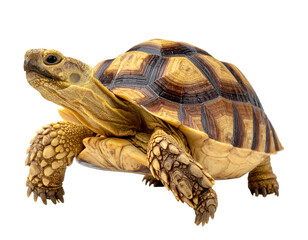 A solitary tortoise stands on a white background showcasing its textured shell and scaly legs.